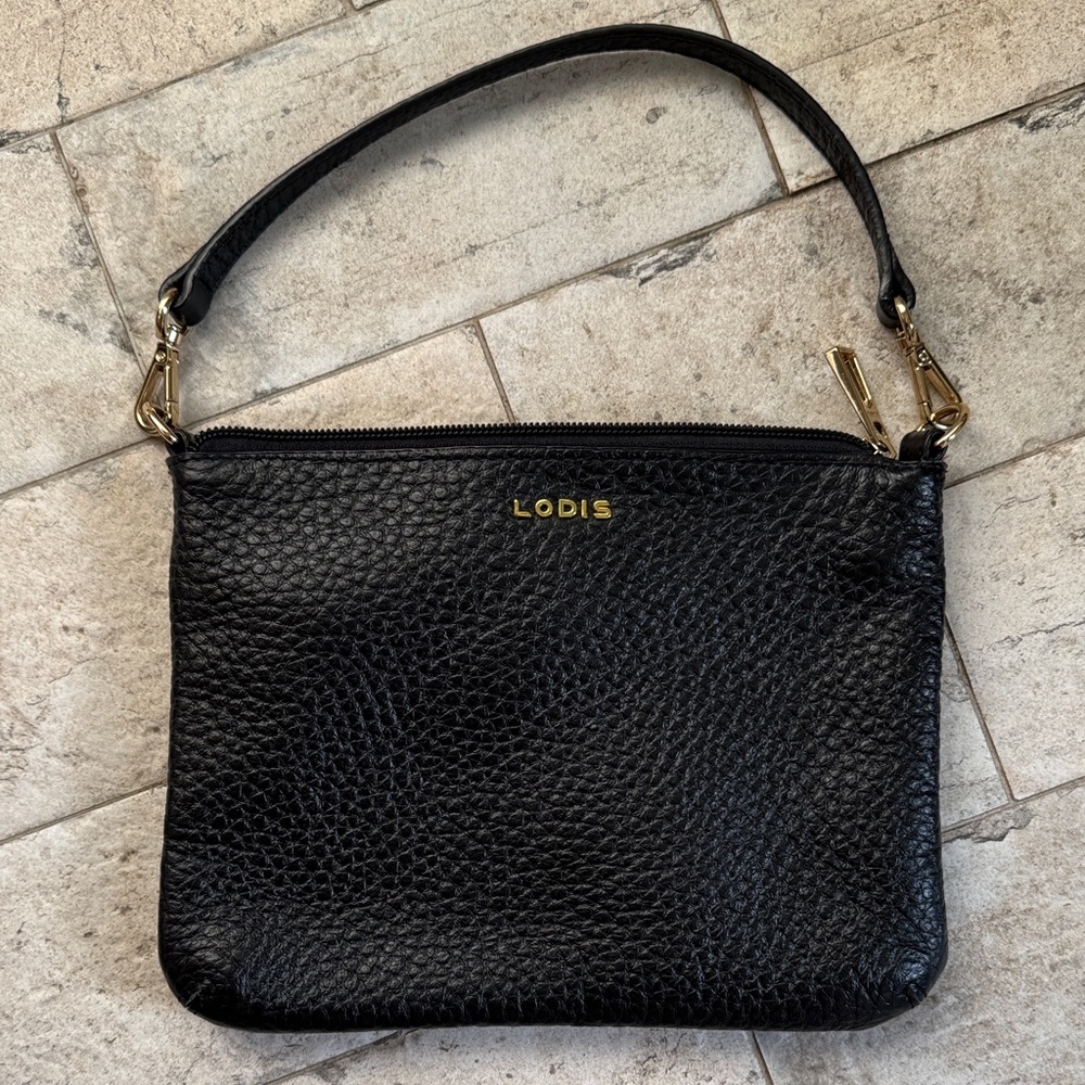 Lodis Black Pebbled Leather small Clutch, 9 x 6 1/2”.